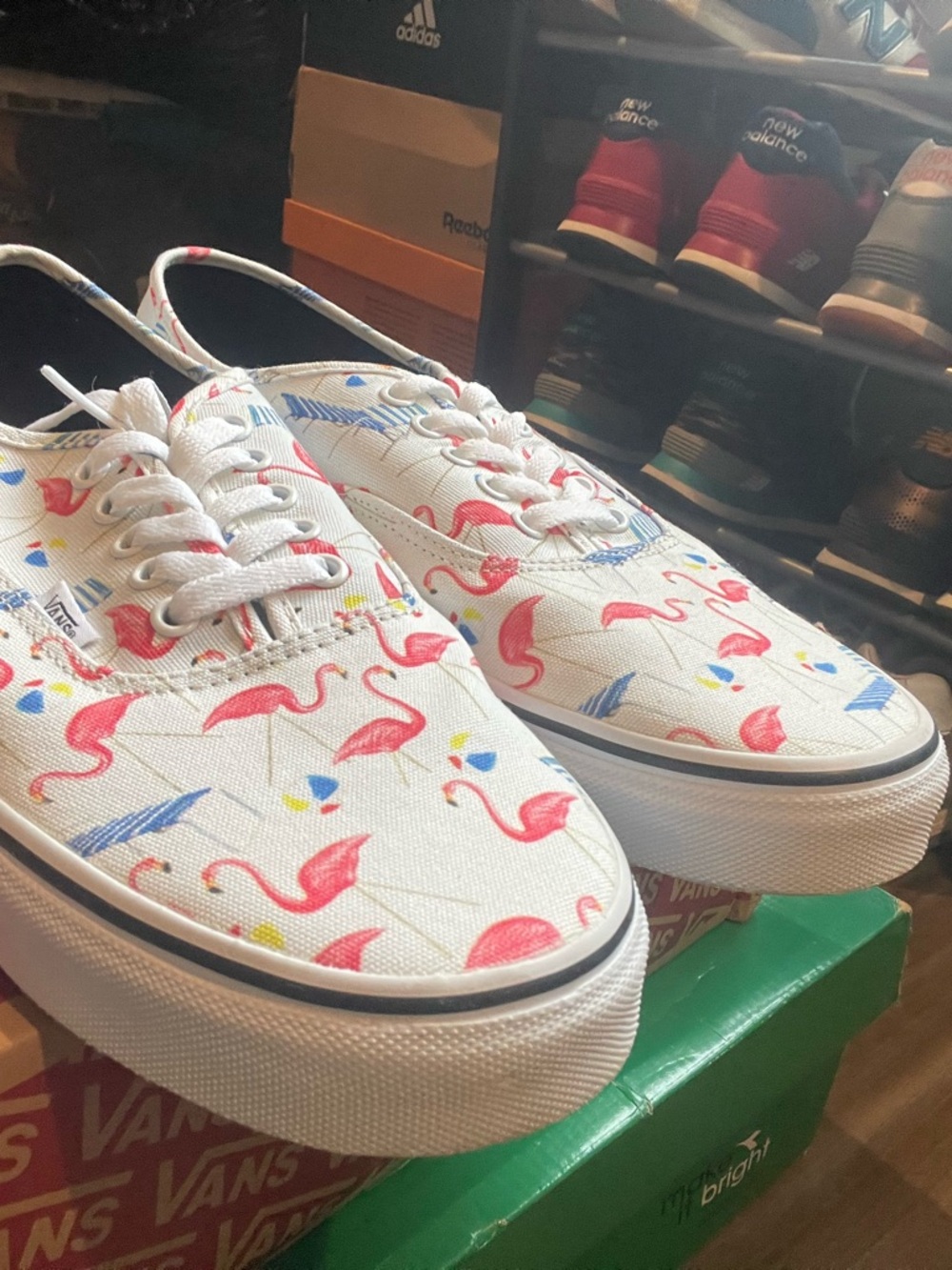 Vans White Canvas Sneakers with Pink Flamingo & Blue Accents